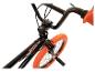 Schwarzes BMX-Rad mit orangefarbenen Reifen und Griffen auf weißem Hintergrund.