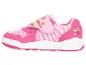 Rosa Kindersneaker mit Charakterdruck und Regenbogen-Detail am Riemen.