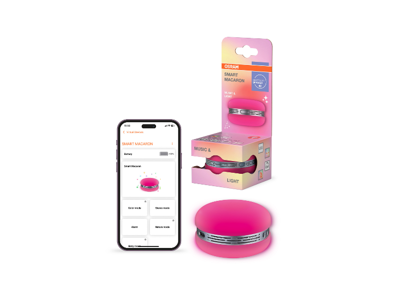 Pinker smarter Macaron-Lautsprecher mit App-Oberfläche, die Modi wie Farbe, Stereo, Alarm anzeigt.