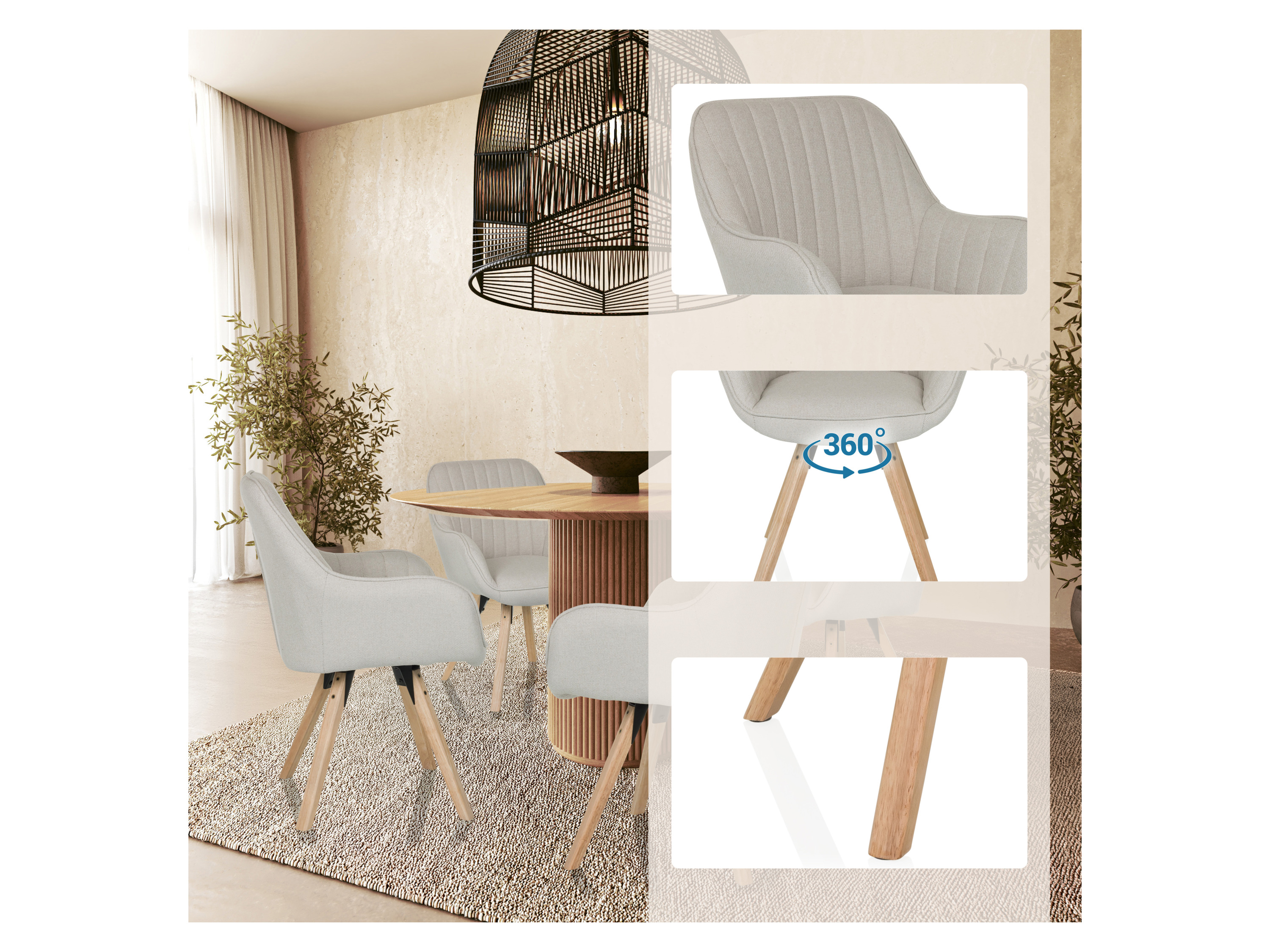 HJH LIVING Besucherstuhl / Dining Stuhl drehbar SCANDI SOFT Stof (creme weiß) – Bild 3 von 4