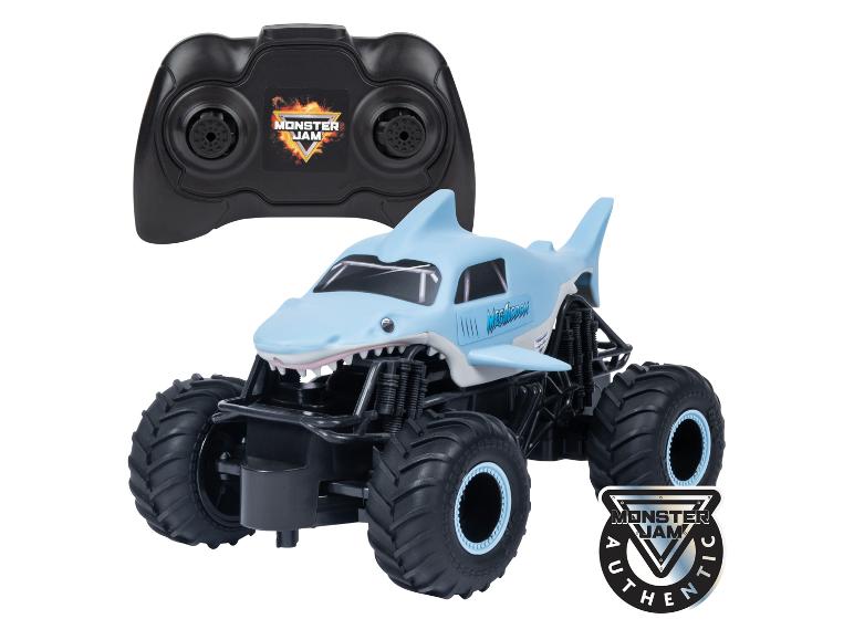 Ein blauer Monster Jam Megalodon Monstertruck mit Fernbedienung.