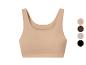Hautfarbenes Sport-Top mit Farbpalette: Beige, Braun, Grau und Schwarz.
