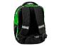 Grüner und schwarzer Rucksack mit reflektierenden Streifen und verstellbaren Gurten, Rückansicht.