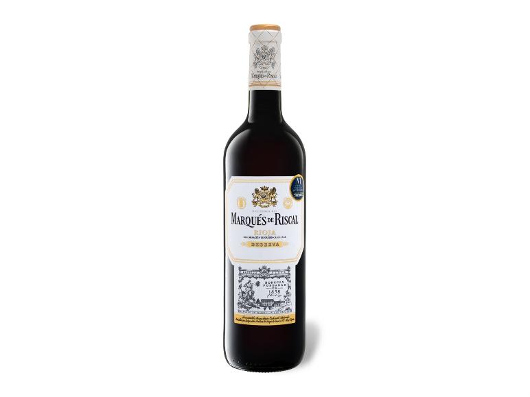 Rotweinflasche Rioja Reserva mit weißem Etikett und goldenen Details.