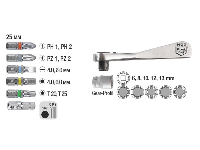 Edelstahl-Ratschenset mit 25 mm Schrauberbits und Steckschlüsseln.