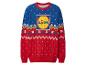 Lidl Weihnachtspullover, blau und rot, mit Logo und Schneeflocken.