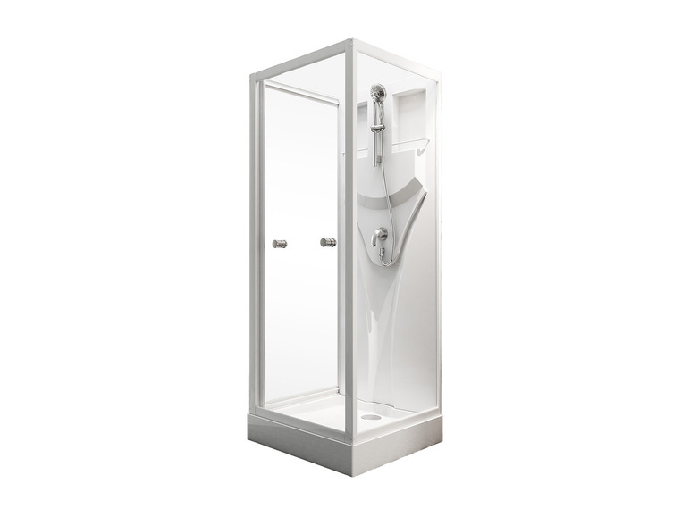 Eine weiße Duschkabine mit Glastür und Duschkopf.