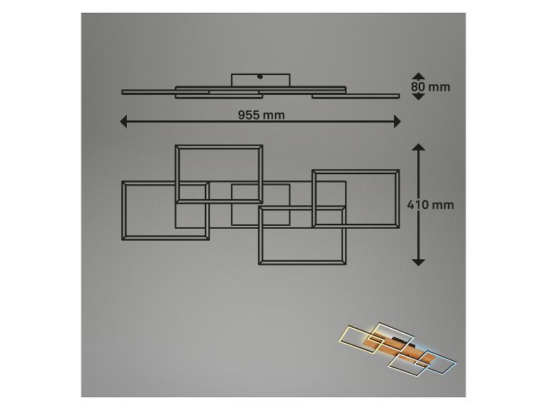 Technische Zeichnung einer modernen Deckenleuchte mit Maßen und einem kleinen Einsatz des beleuchteten Produkts.