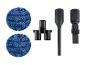 Zwei blaue Mikrofaser-Wischpads und drei schwarze Staubsaugeraufsätze.