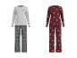 ESMARA® Damen Pyjama: Grau mit Karohose und bordeauxrot mit Teddybärenmuster.