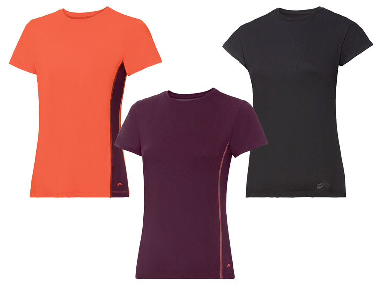 Drei Damen-T-Shirts mit kurzen Ärmeln in Orange, Schwarz und Lila.