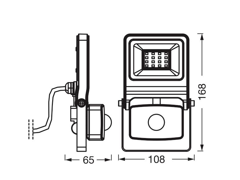 Technische Zeichnung eines LED-Außenstrahlers mit Bewegungssensor, Maße 168x108x65mm.