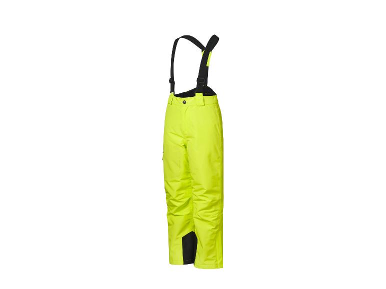 Neon-gelbe Skihose mit schwarzen Hosenträgern.