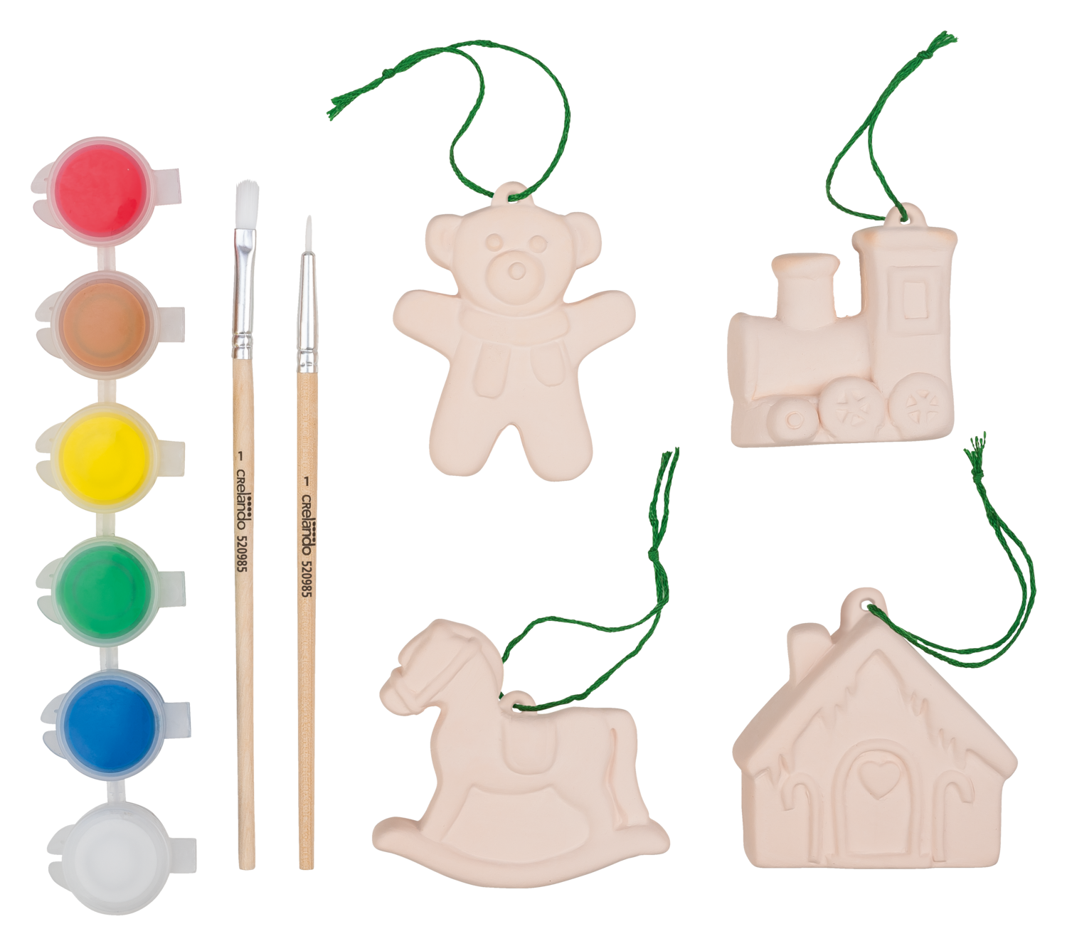 CRELANDO® Weihnachtsfiguren zum Bemalen (Zug/Schaukelpferd/Teddy/Haus)