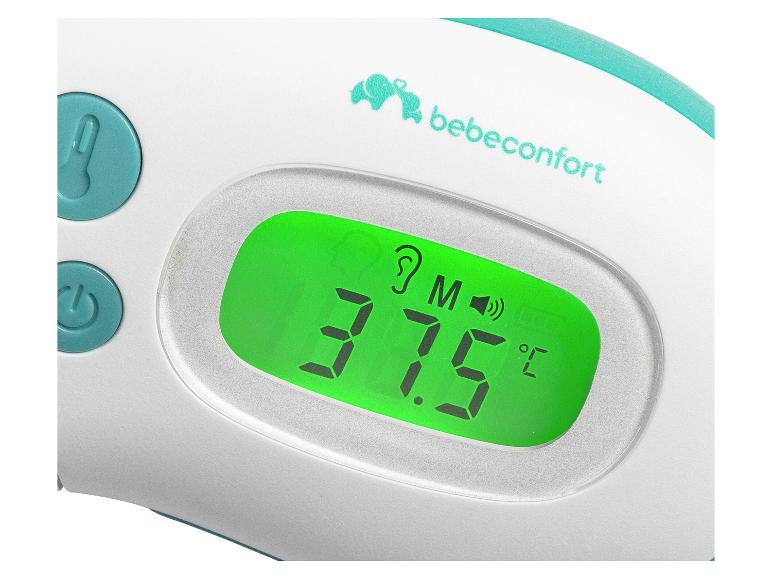 Weißes Digitalthermometer mit grünem Display, das 37,5 °C und Ohr- und Tonsymbole anzeigt.