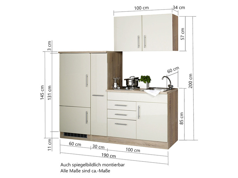 Küche mit Schrank, Arbeitsplatte, Spüle und Stauraum.