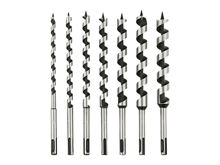 Sechs Holzbohrer in verschiedenen Größen für unterschiedliche Lochdurchmesser.