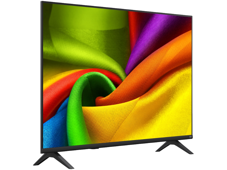 Moderner Fernseher mit einem lebendigen, farbenfrohen Display aus wirbelnden Stoffen.