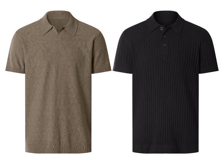 Zwei kurzärmelige Strick-Poloshirts: ein braunes mit Lochmuster und ein schwarzes mit Rippenmuster.