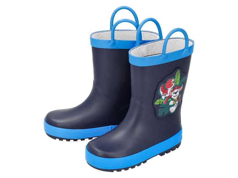 Blaue Kinder-Regenstiefel mit Dinosaurier- und Zeichentrickfiguren-Aufdruck.