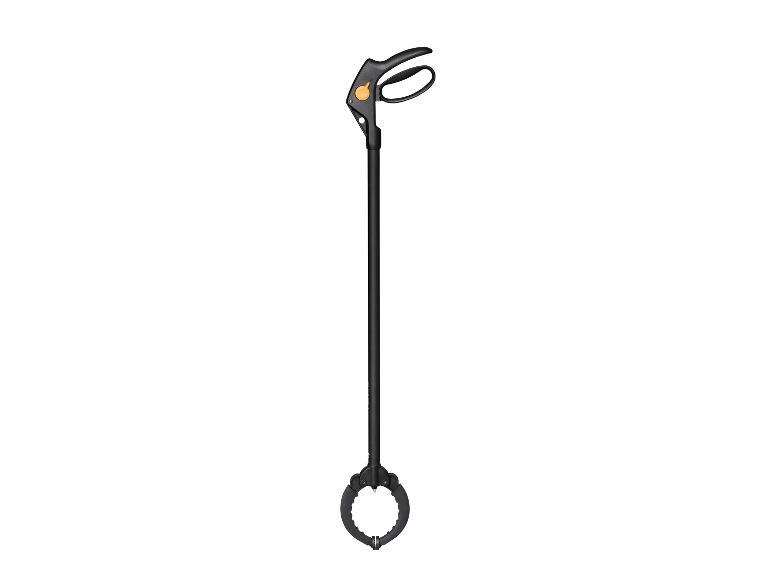 Schwarze Greifzange mit orangefarbenem Knopf.