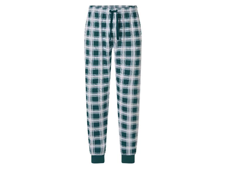 Grün-weiß karierte Herren-Pyjamahose mit elastischem Bund und Kordelzug.