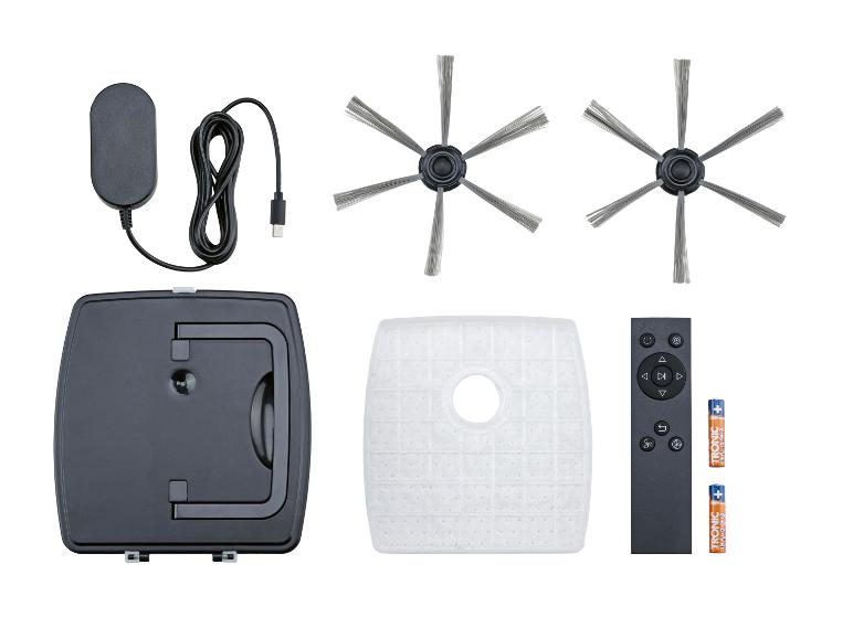 Saugroboter mit Ladegerät, Seitenbürsten, Filter, Fernbedienung und Batterien.