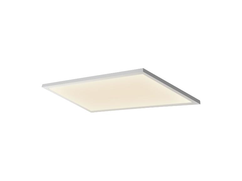 Quadratische LED-Panel-Leuchte mit weißem Rahmen, warm leuchtend.