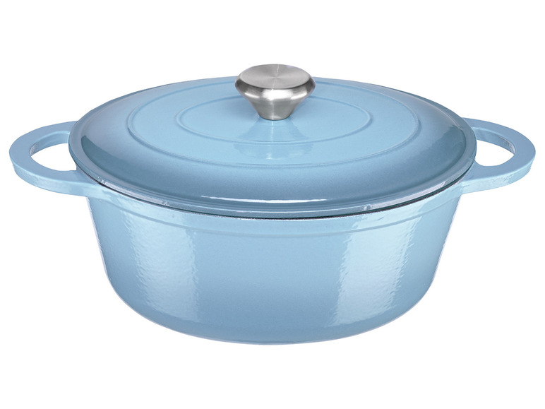 Ein blauer gusseiserner Topf mit Deckel.