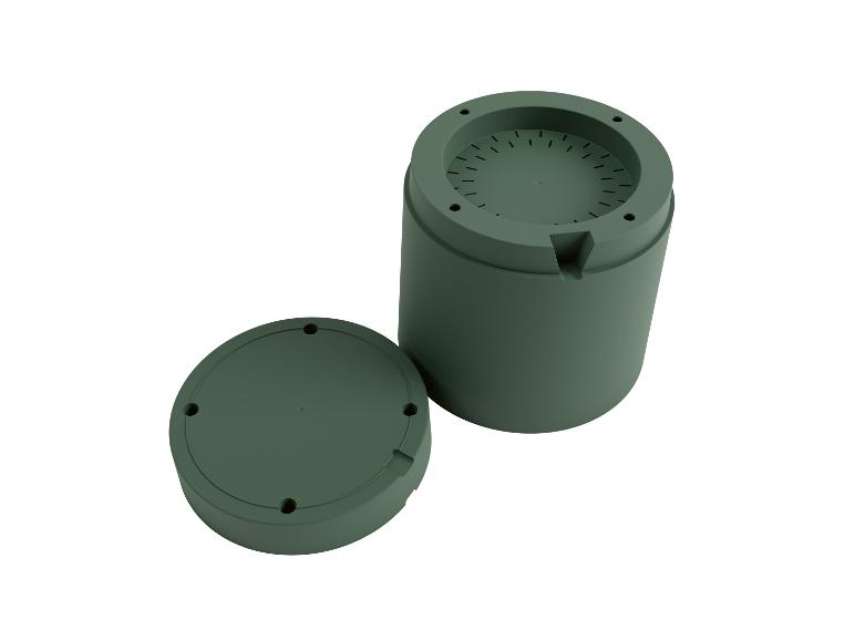 Zwei dunkelgrüne, stapelbare Zylinder-Blumentöpfe.