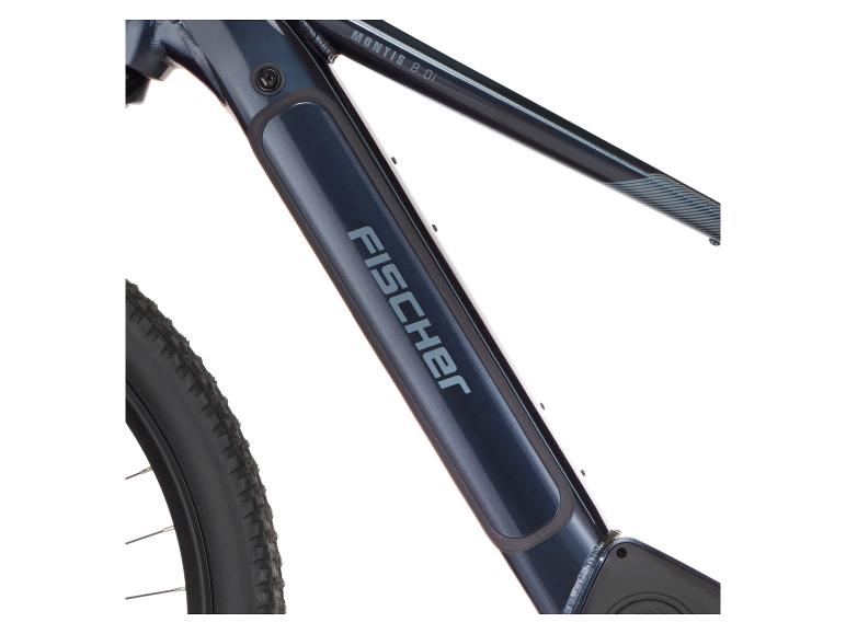 Dunkelblauer E-Bike-Rahmen mit Schriftzug und strukturiertem Vorderreifen.