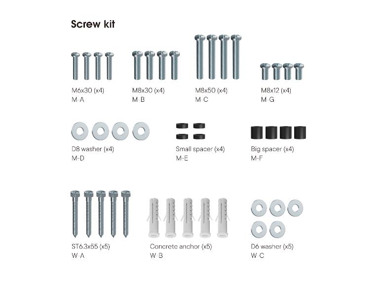 Schrauben- und Dübelset, inklusive M6x30, M8x30, M8x50, M8x12 Schrauben, Unterlegscheiben und Abstandhalter.