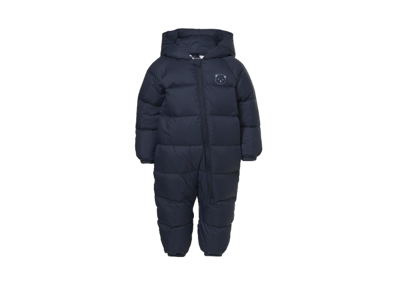 Marineblauer Baby-Schneeanzug mit Kapuze und Bären-Emblem