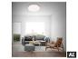 Modernes Wohnzimmer mit grauem Sofa, Holz-Sessel und runder Deckenleuchte.
