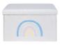 Eine graue Aufbewahrungsbox mit Regenbogen-Design.