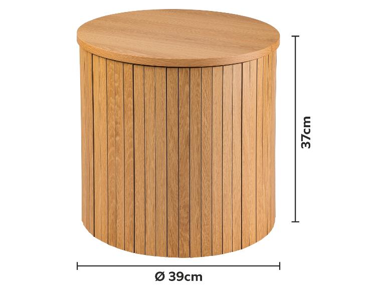 Runder Beistelltisch aus hellem Holz mit vertikalen Lamellen, 37 cm hoch und 39 cm Durchmesser.