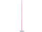 Eine weiße Stehlampe mit einem rosa Lichtstreifen auf schwarzem Hintergrund.