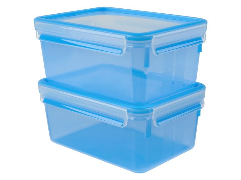 Zwei blaue Plastikbehälter mit Deckeln.