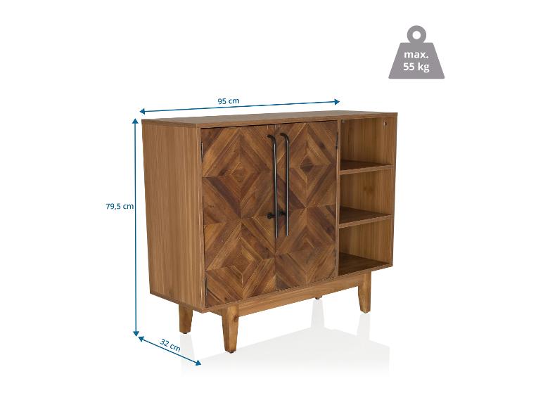 Holzschrank mit zwei Türen und offenen Regalen, Maße 95x79,5x32 cm, max. Belastung 55 kg.