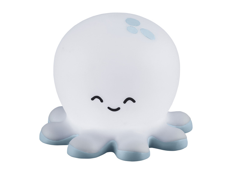 Eine weiße Nachttischlampe in Form eines Oktopus mit blauen Akzenten.