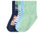 Fünf Paar Kindersocken in Blau, Grün und Weiß, teilweise gestreift.