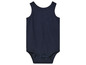 Ein dunkelblauer Baby Strampler mit Druckknöpfen.