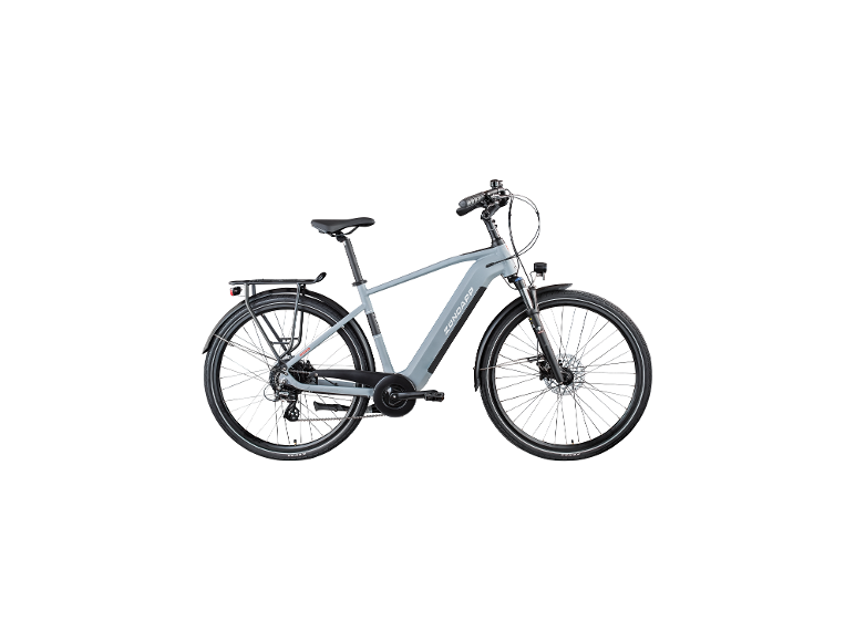 Graues E-Bike mit Gepäckträger und Schutzblechen, Seitenansicht.