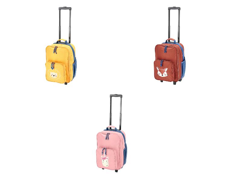 Drei Kinder-Rollkoffer: gelb mit Löwe, braun mit Fuchs und rosa mit Einhorn.