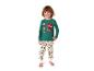 Junge in Superhelden-Pyjama, mit Langarmshirt und gemusterter Hose.