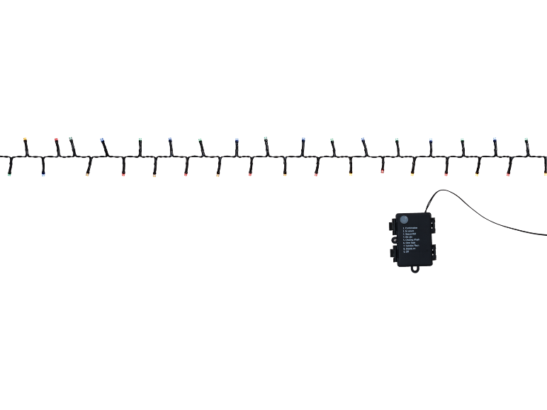 Mehrfarbige LED-Lichterkette mit 8 Leuchtfunktionen und Ausschaltoption.