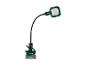 Flexible LED-Arbeitsleuchte mit Akkubasis und Klemme, grün und schwarz.