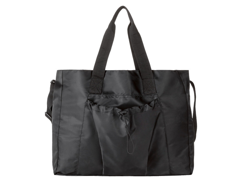 Eine schwarze Tote Bag mit Schultergurt.