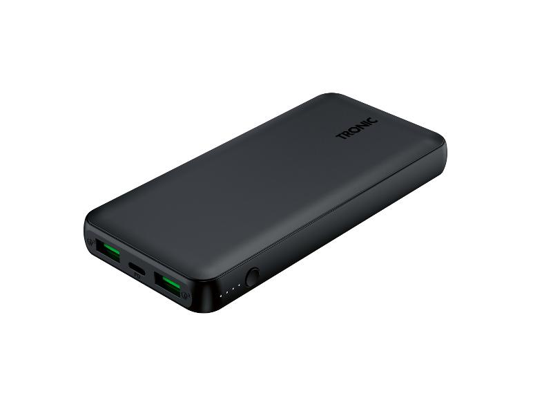 Schwarze Powerbank mit zwei USB-Anschlüssen und Ladeanzeige.