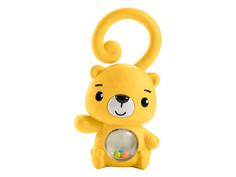 Gelbe Babyrassel in Bärenform mit bunten Kugeln im Inneren.